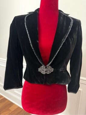 Loft Vintage Style Black Silk Velvet Evening Jacket Silver Filigree Size 0